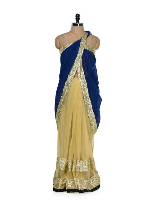 Blue and gold luxe evening saree - 897439 - Very Small Image - 1