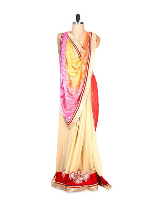 red and cream art silk printed with thread work and multi-colored aanchal, with matching blouse piece - 900078 - Very Small Image - 1