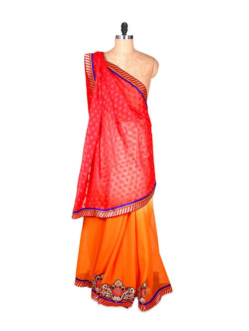 red, orange and cream art silk saree with thread embroidery, with matching blouse piece - 900097 - Very Small Image - 1