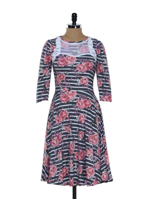 grey and white striped dress with pink floral prints - 901290 - Very Small Image - 1
