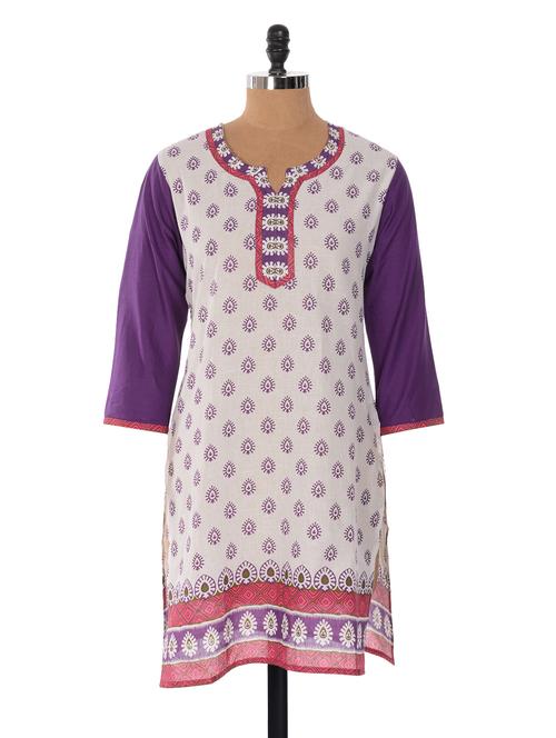 white printed kurta with purple sleeves - 902304 - Very Small Image - 1