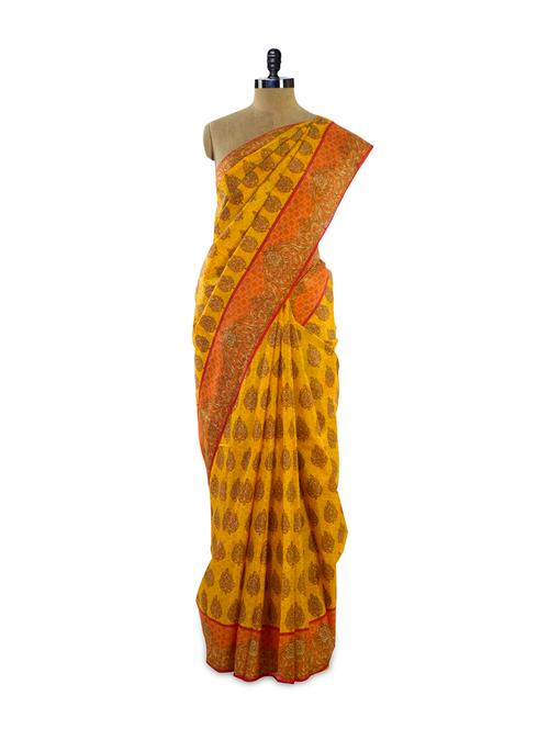 stunning yellow motif print silk saree with orange border - 902550 - Very Small Image - 1