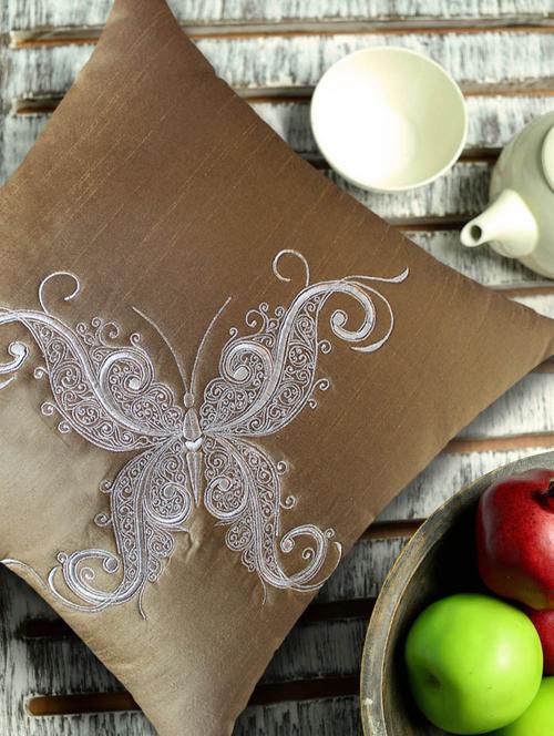 stylized butterfly embroidered gold & silver cushion cover - 909117 - Very Small Image - 1