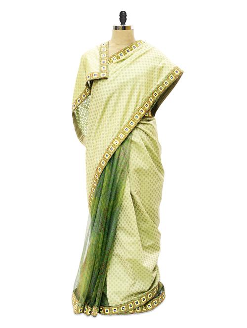 printed green tulle net and silk brocade saree - 913023 - Very Small Image - 1