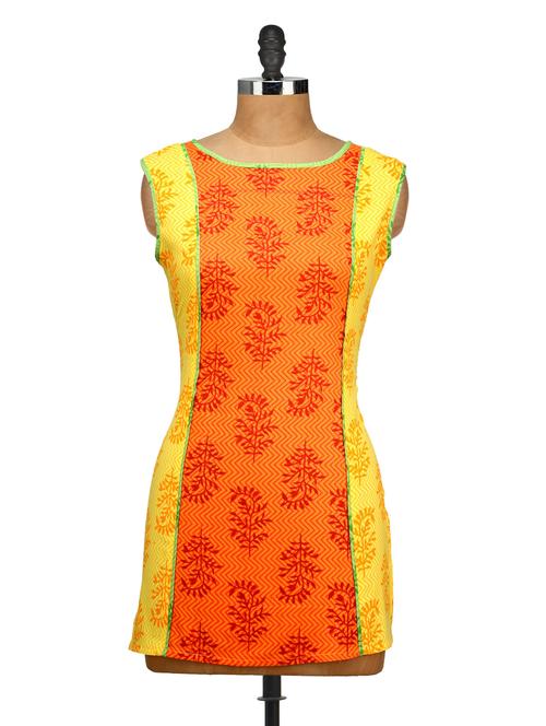 Orange Yellow Block Printed Kurti - 922389 - Very Small Image - 1