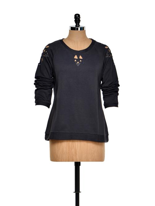 Charcoal coloured sweatshirt with cut work on front and shoulder - 922873 - Very Small Image - 1