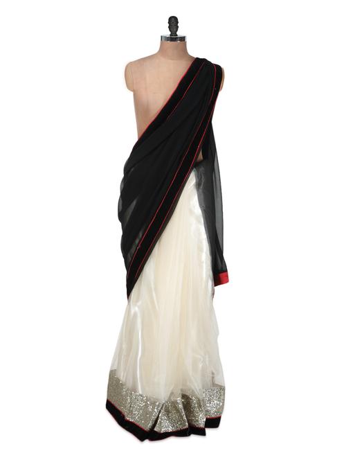 black and beige sequined saree - 934267 - Very Small Image - 1