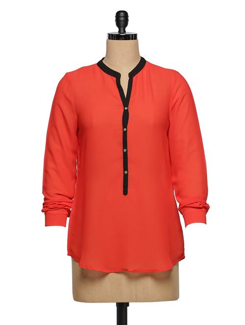 tomato red long sleeves black placket top - 954413 - Very Small Image - 1