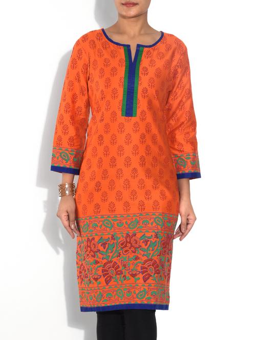 orange floral printed poly cotton kurta - 9553535 - Very Small Image - 1