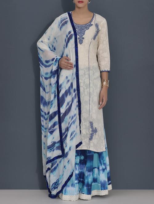 off white and blue embroidered kurta and skirt set - 9564453 - Very Small Image - 1