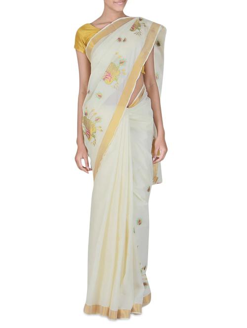  white cotton brocade kasavu saree with blouse - 9565472 - Very Small Image - 1