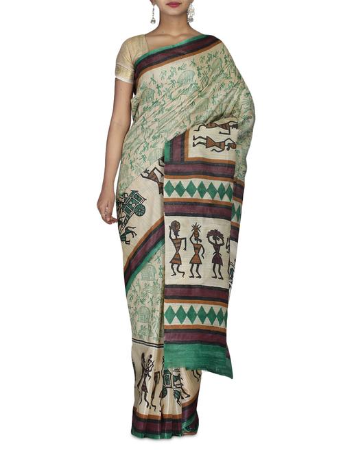 beige printed bhagalpuri silk blend saree - 9586969 - Very Small Image - 1