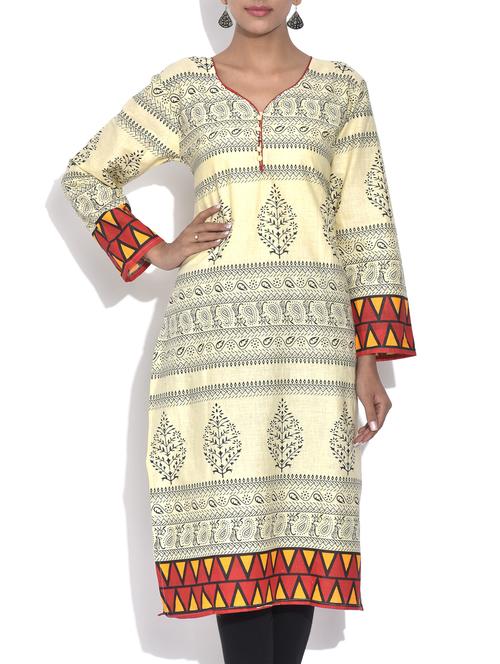 cream and black printed cotton kurta - 9591078 - Very Small Image - 1
