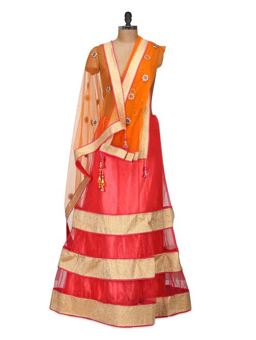 red and orange net lehenga set - 959572 - Very Small Image - 1