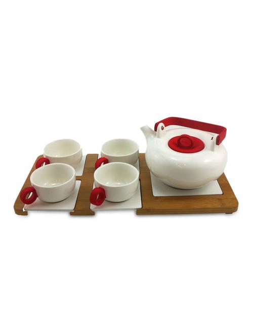 red and white ceramic tea set with tray ( 10 pcs) - 9596439 - Very Small Image - 1