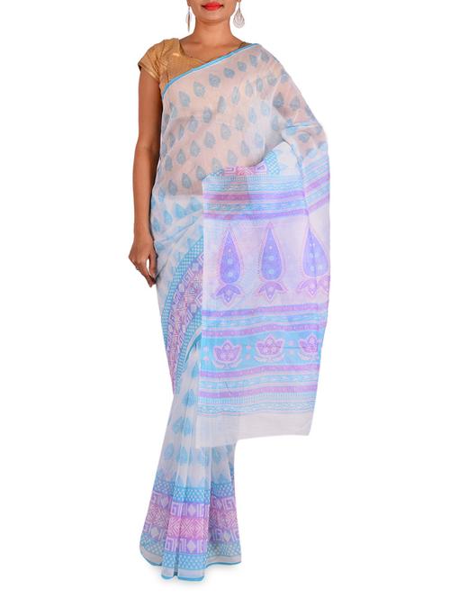 White printed cotton saree - 9604938 - Very Small Image - 1