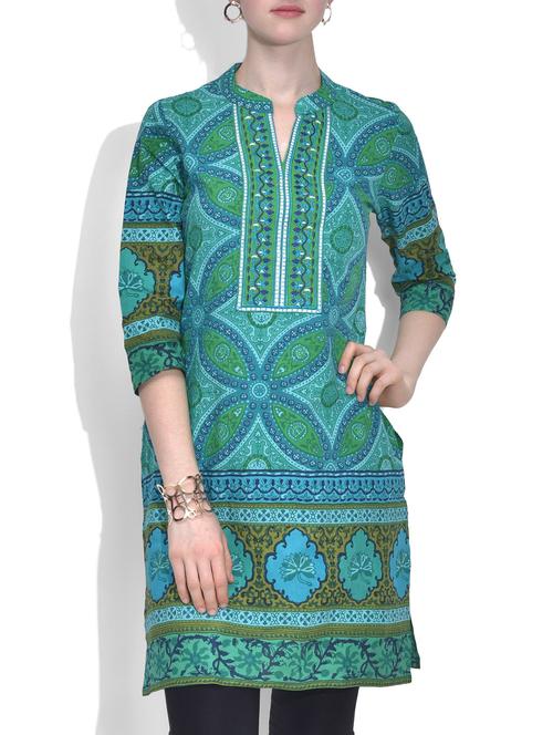 green cotton printed straight kurta - 9608189 - Very Small Image - 1