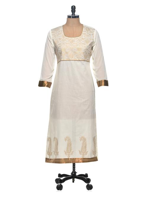 gold print with jaquard sleeve long kurta - 961097 - Very Small Image - 1
