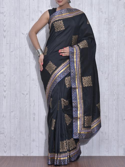 Black Dupion Silk Printed Saree - 9613387 - Very Small Image - 1