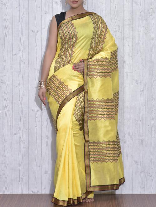 Yellow and Gold Poly Dupion Silk Printed Sari - 9613396 - Very Small Image - 1