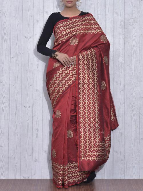 Maroon and Gold Poly Dupion Silk Printed Sari - 9613399 - Very Small Image - 1