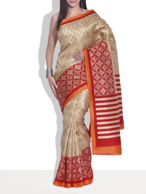beige printed silk saree - 9613970 - Very Small Image - 1