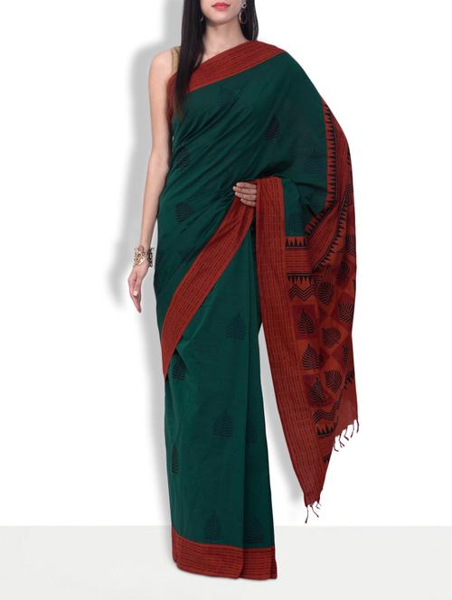 green cotton printed handloom saree - 9615820 - Very Small Image - 1