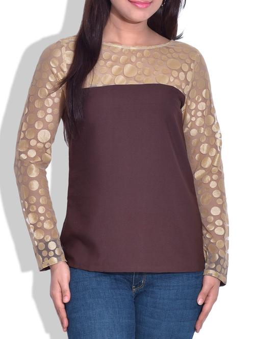 brown top with beige yoke - 9625661 - Very Small Image - 1