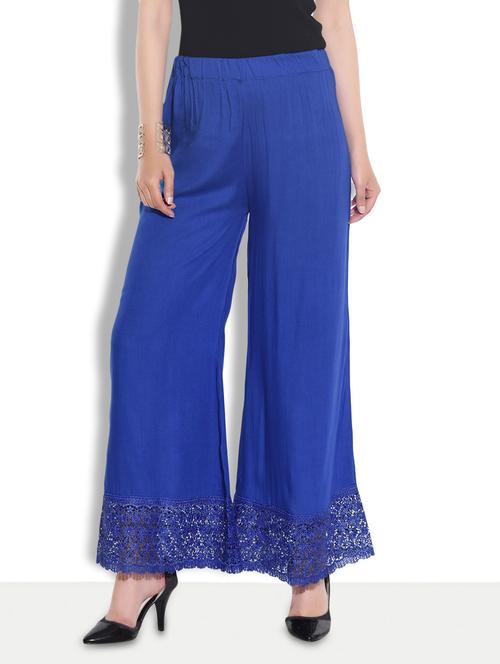 solid royal blue rayon palazzos with laced hem - 9626623 - Very Small Image - 1
