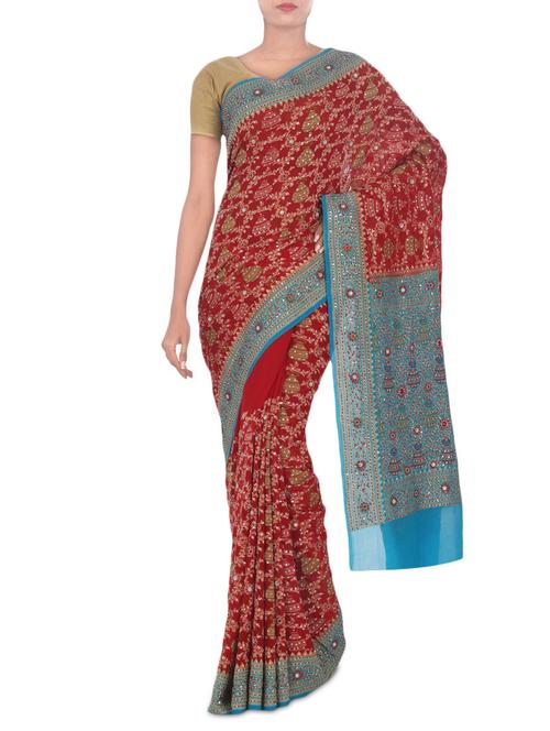 banarasi pure chiffon silk handloom saree with hand embroidry - 9630364 - Very Small Image - 1