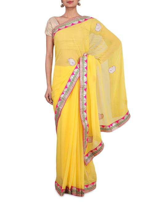 yellow georgette sari - 9641964 - Very Small Image - 1