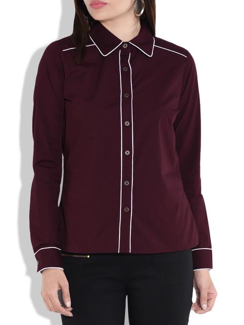 burgundy full sleeved cotton shirt - 9642763 - Very Small Image - 1