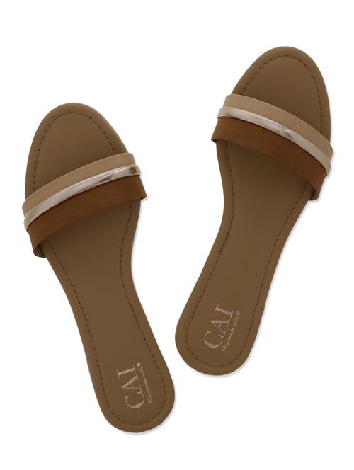 tan n beige embellished faux leather flat slides - 9643740 - Very Small Image - 1