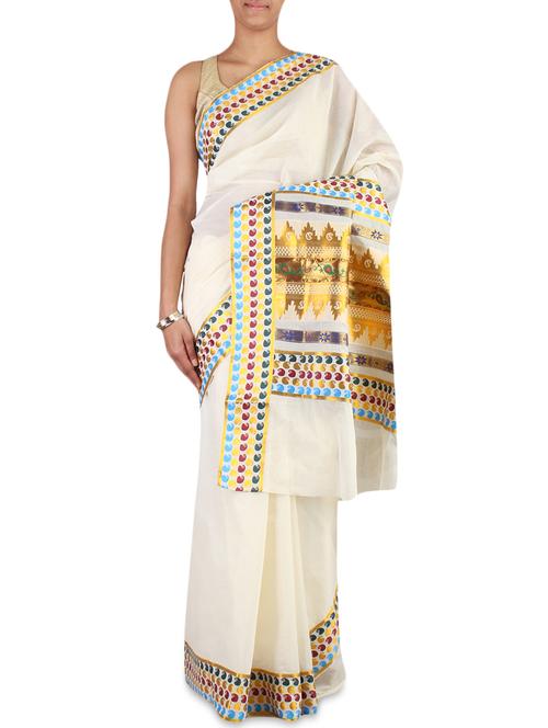 Cream Color Cotton Kasavu Saree With Blouse - 9661170 - Very Small Image - 1