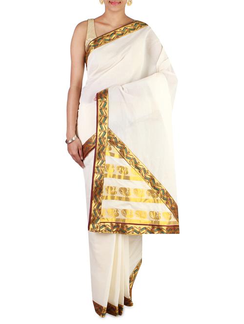 cream color cotton kasavu saree with blouse - 9661228 - Very Small Image - 1