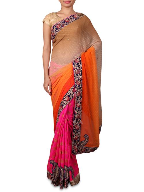 Multicoloured silk embroidered saree - 966857 - Very Small Image - 1