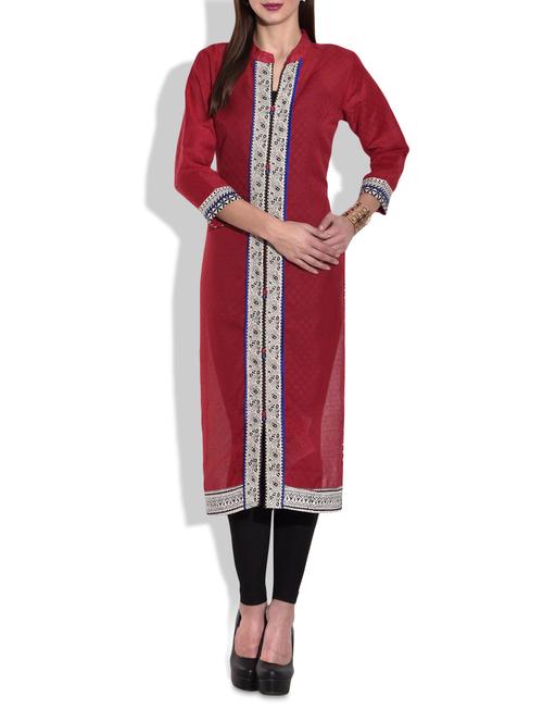 rust red a-line cotton kurta - 9680189 - Very Small Image - 1