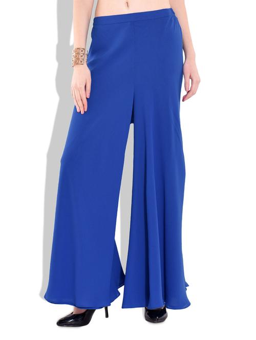 solid blue polygeorgette flare pants - 9680630 - Very Small Image - 1