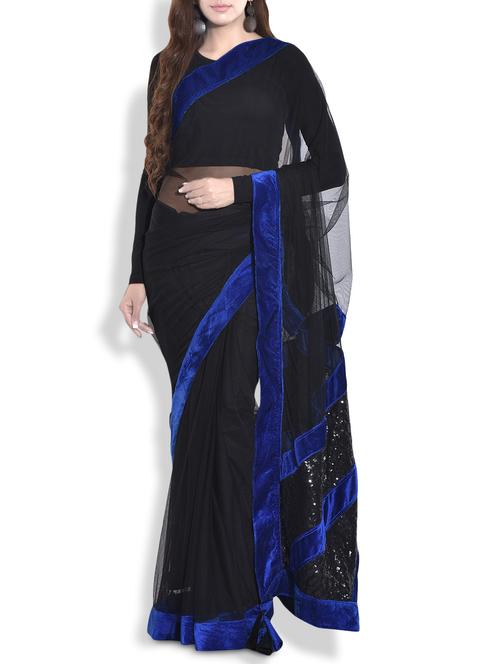 Black Soft Net Saree with Velvet and Sequined Border - 9692131 - Very Small Image - 1