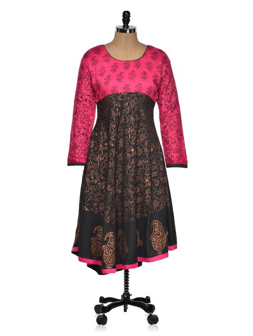 Color Block Printed Cotton Rayon Long Kurta - 970097 - Very Small Image - 1
