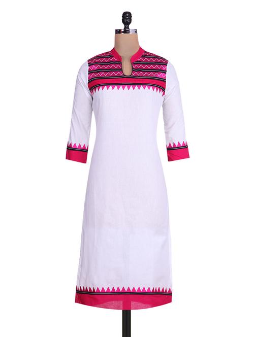 white & pink  cotton printed kurta - 9705098 - Very Small Image - 1