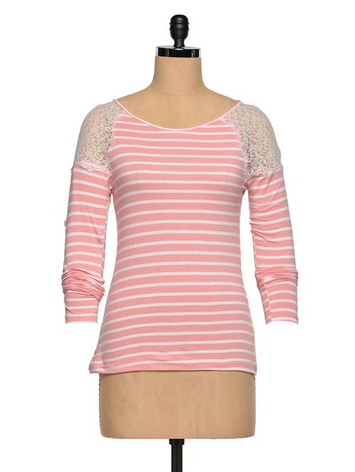 stripe & lace shoulder long sleeve top - 975276 - Very Small Image - 1