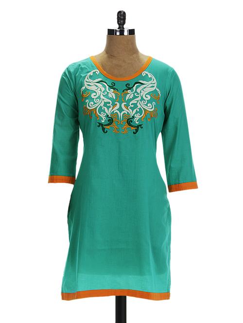 Green Cotton Straight Kurta - 979800 - Very Small Image - 1