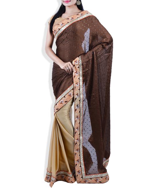 brown, beige georgette saree - 9809421 - Very Small Image - 1