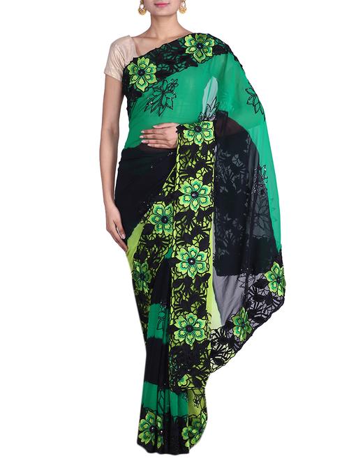 Green and black embellished chiffon saree - 9861014 - Very Small Image - 1