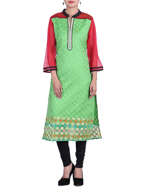 green color chanderi kurta - 9937053 - Very Small Image - 1