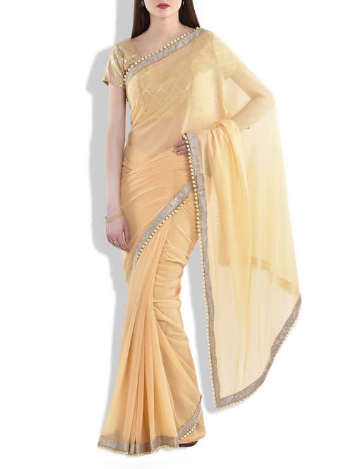 Beige Georgette Bordered Saree With Blouse - 9977609 - Very Small Image - 1