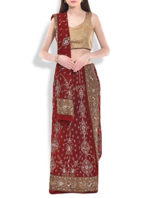 maroon embellished georgette unstitched lehenga set - 9993560 - Very Small Image - 1