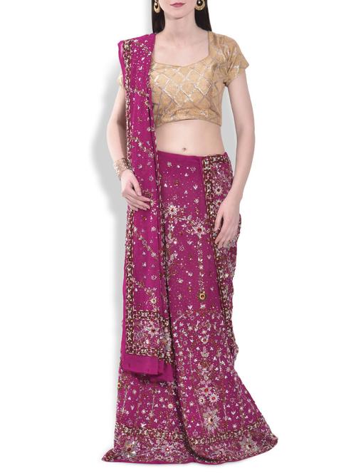 magenta embroidered and embellished georgette unstitched lehenga set - 9993575 - Very Small Image - 1