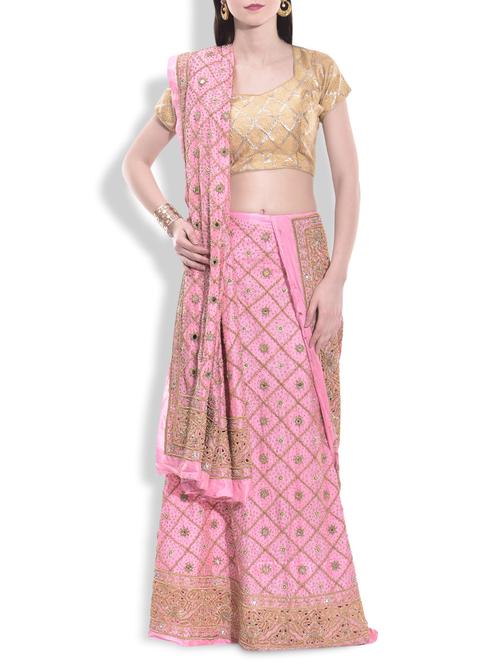 pink dabka embroidered pure silk unstitched lehenga set - 9993577 - Very Small Image - 1